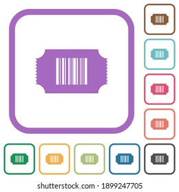 Billete con código de barras iconos simples en marcos cuadrados redondeados de color sobre fondo blanco