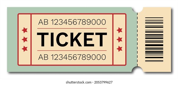 Ticket with barcode. Vector isolated on white background. Cinema, theater, concert, performance, party, event, festival. 