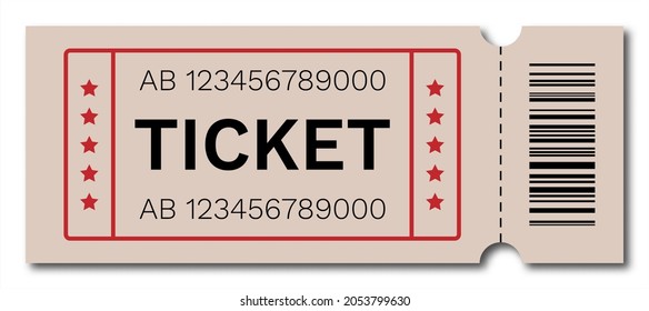 Ticket with barcode. Vector isolated on white background. Cinema, theater, concert, performance, party, event, festival. 