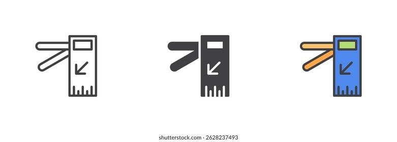 Ticket barrier different style icon set. Line, glyph and filled outline colorful version, outline and filled vector sign. Turnstile symbol, logo illustration. Vector graphics