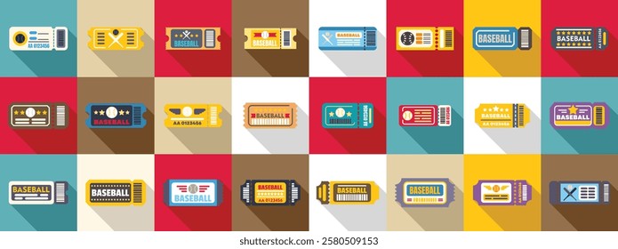  Ticket baseball icons set. Set of colorful baseball tickets with different designs, representing entry to a baseball game