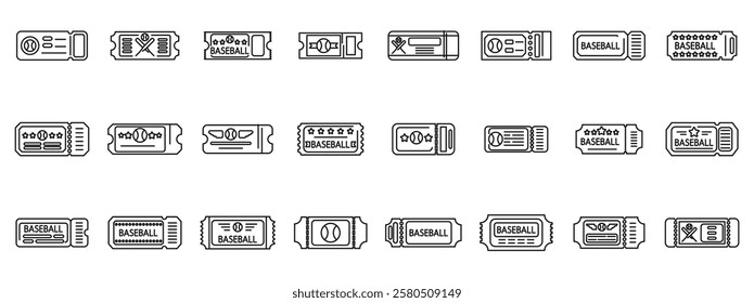  Ticket baseball icons set. Various baseball ticket icons representing entry to a game, season passes, or vip access