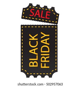 Ticket black friday gold with cut line. Torn black ticket with sale.