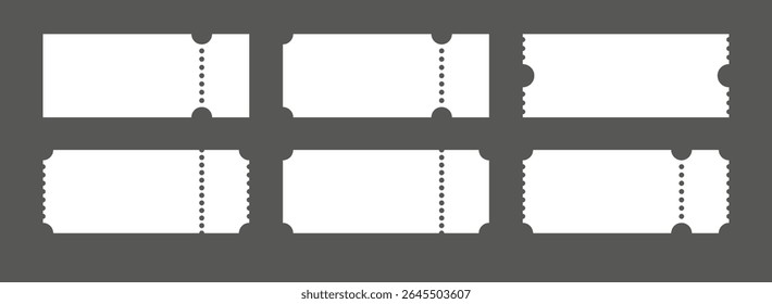 Ticket blank set with ruffled edges and subtle shadows. Vector mockups for cinema, concert, flight boarding pass, or event coupon.