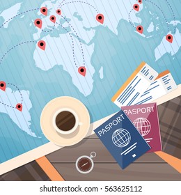 Ticket Boarding Pass Travel Document World Map With Pins Vacation Concept Flat Vector Illustration