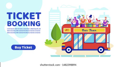 Ticket Booking Banner, Group of Multiracial Tourists, Big Family, Friends Company Riding Two-Deck Tour Bus for City Excursion, Photographing Sightseeing, Make Selfie. Cartoon Flat Vector Illustration