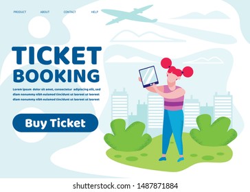 Ticket Booking Banner, Little Funny Girl Hold Tablet PC on Cityscape Background with Flying Airplane. Child Using Gadget, Online Application for Traveling, Technology. Cartoon Flat Vector Illustration