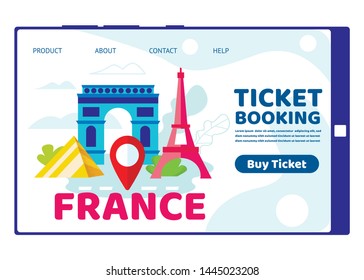 Ticket Booking Mobile App Page Onboard Screen for Website, Trip to France, Paris Famous Sightseeings, Historical Buildings with Gps Mark. Triumphal Arch, Eiffel Tower, Cartoon Flat Vector Illustration