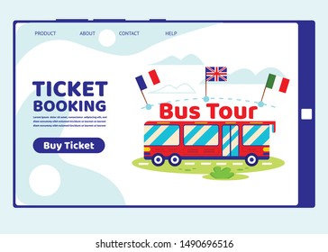Ticket Booking Mobile App Page Onboard Screen for Website, Red Tour Bus with Italian, England and French National Flags, Touristic Transport, Vacation Trip, Traveling. Cartoon Flat Vector Illustration