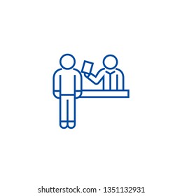 Ticket booking office line icon concept. Ticket booking office flat  vector symbol, sign, outline illustration.