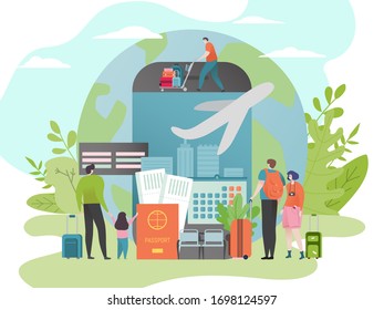 Ticket booking online service vector illustration. Flight booked through mobile application. Book and purchase travel in internet. People cartoon character near smartphone screen, plane, passport.