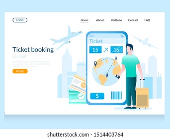 Ticket booking vector website template, web page and landing page design for website and mobile site development. Flight ticket online booking, buying via smartphone.