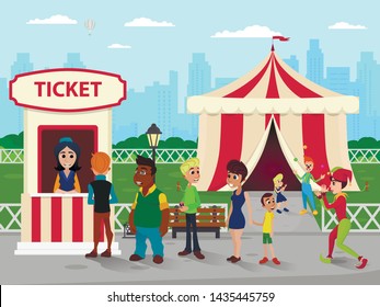 Ticket Booth at Circus. Seller in Open Window, Diverse Adult People and Children in Multiracial Queue. Cartoon Flat Arena under Striped Tent. Clown and Jester Entertaining Kids. Vector Illustration