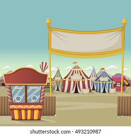 Ticket booth on the entrance of a retro cartoon circus with tents. Vintage carnival background.