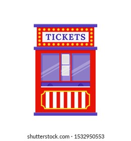 Ticket booth. Vector. Circus, carnival stand. Fun fair office with windows. Kiosk in amusement park. Ticket booth icon isolated on white background. Cartoon illustration. Outdoor shop.