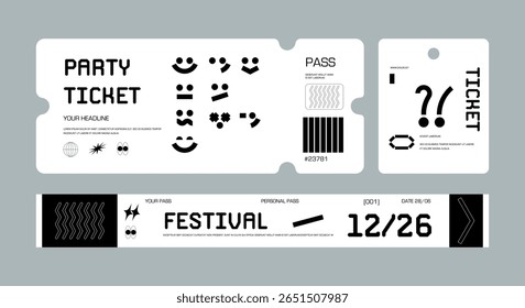 Сontrol ticket bracelets for events, disco, festival, fan zone, party, staff. Vector mockup of a festival bracelet in a comic style.
