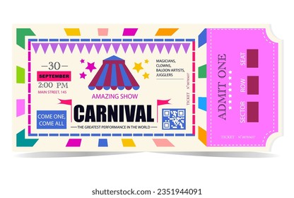 Ticket Carnival ticket, with carnival elements. Modern style. Contemporary ticket for carnival with code and text elements. Vector illustration.