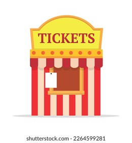 Ticket cart or booth in carnival festival vintage and retro style with seller character design. Ticket sellers shop vector illustration. Ticket cart or booth fun entertainment carnival amusement movie