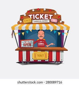 Ticket cart or booth in carnival festival. vintage and retro style with seller .character design. Ticket man. sellers shop - vector illustration carnival, game, vector, illustration