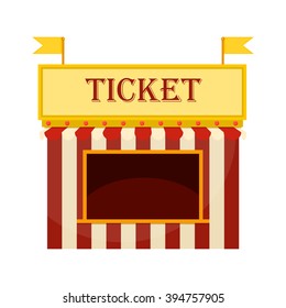 Ticket cart or booth in carnival festival vintage and retro style with seller character design. Ticket sellers shop vector illustration. Ticket cart or booth fun entertainment carnival amusement movie