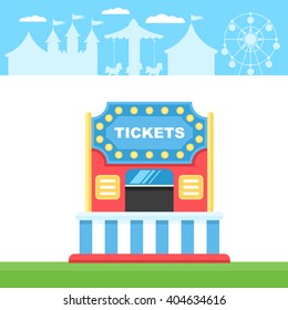 Ticket cart or booth in carnival festival on the background the silhouette of amusement park. Vintage and retro style Vector illustration on white background for web design banner and print