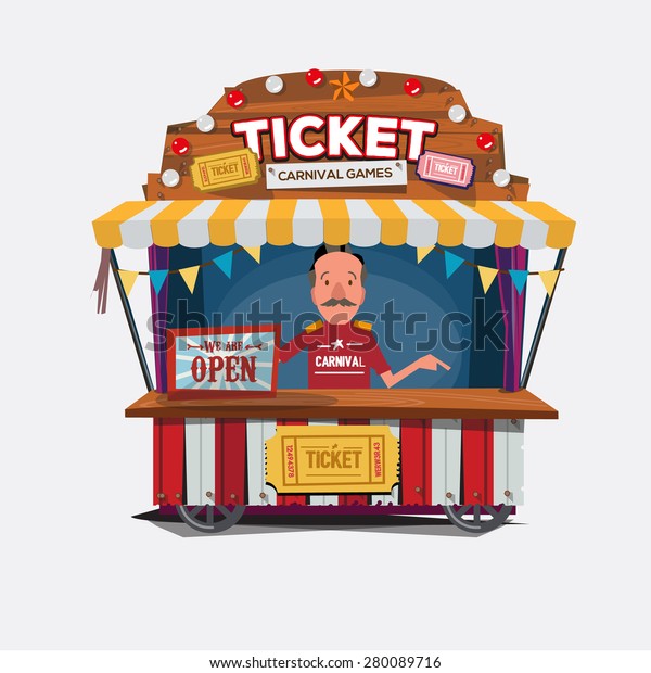 Ticket\
cart or booth in carnival festival. vintage and retro style with\
seller .character design. Ticket man. sellers shop - vector\
illustration carnival, game, vector,\
illustration