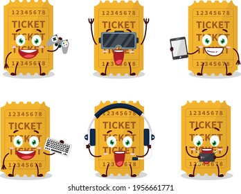 Ticket cartoon character are playing games with various cute emoticons