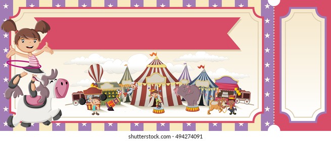 Ticket with cartoon characters in front of retro circus. Vintage carnival background with children.