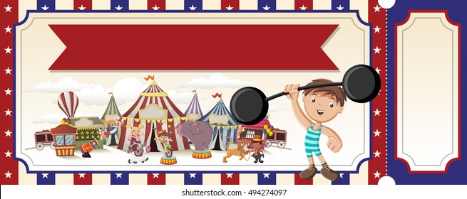 Ticket with cartoon characters in front of retro circus. Vintage carnival background with children.
