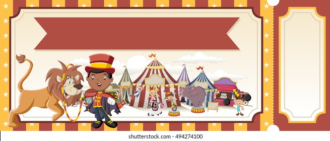 Ticket with cartoon characters in front of retro circus. Vintage carnival background with children.