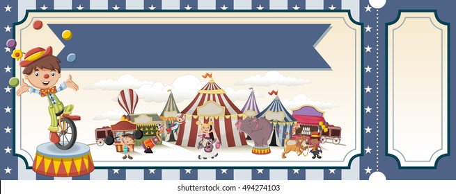 Ticket with cartoon characters in front of retro circus. Vintage carnival background with children.