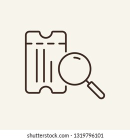 Ticket checking line icon. Magnifier glass, loupe, paper card. Search concept. Can be used for topics like airport, flight, transport