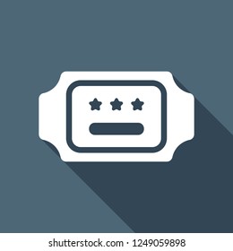 Ticket for cinema, bus or airplane. Coupon with stars, simple icon. White flat icon with long shadow on blue background