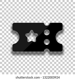 Ticket for cinema, bus or airplane. Coupon with stars, simple icon. Black glass icon with soft shadow on transparent background