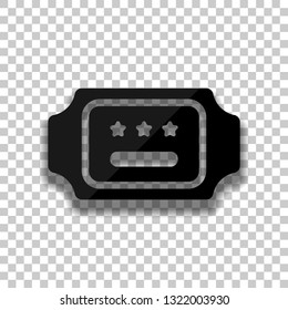 Ticket for cinema, bus or airplane. Coupon with stars, simple icon. Black glass icon with soft shadow on transparent background