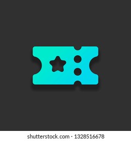 Ticket for cinema, bus or airplane. Coupon with stars, simple icon. Colorful logo concept with soft shadow on dark background. Icon color of azure ocean