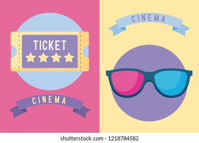 ticket cinema with glasses 3d icon