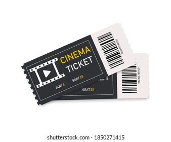 Ticket in cinema. Logo for movie and theater. Two coupons for film. 3d icons. Mockups of tickets isolated on white background. Tag for pass in festival. Advertising, flyer for entertainment. Vector.