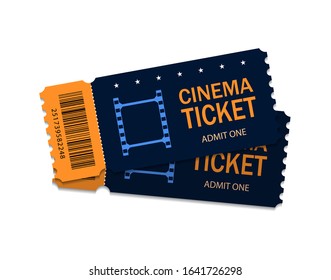 Ticket of cinema for movie. Template blue VIP entry pass two tickets for theater, festival, cinema on isolated background. Modern pass ticket on film. 3d paper coupon icon. vector illustration eps10