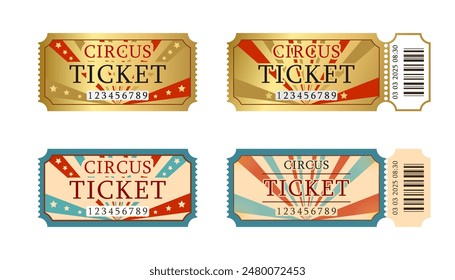 Ticket circus and carnival coupon with barcode set in gold or vintage classic style on white background