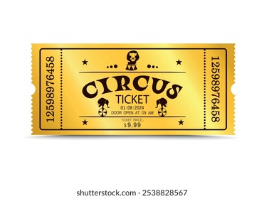 Ticket to the circus. Golden ticket template with elephants and lion. Entrance ticket isolated on white background. Vector illustration