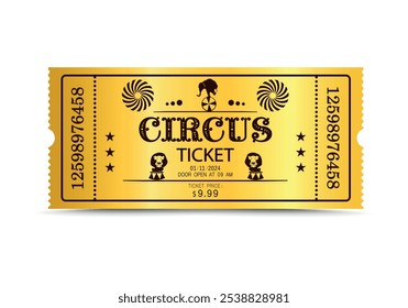 Ticket to the circus. Golden ticket template with lions and elephant. Vintage entrance ticket isolated on white background. Vector illustration