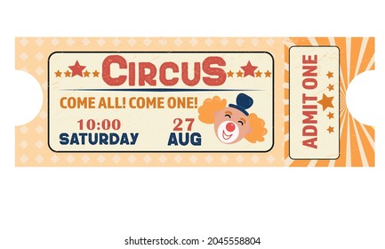 Ticket to the circus is yellow. Clowns. Coupon, carnival circus performance.