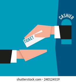 Ticket clerk hands a ticket, close-up, vector illustration