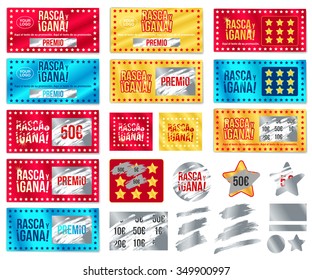 La colección de entradas se rasca y gana. Con efecto desde las marcas de cero. Scratch y ganar texto en español. Vector.