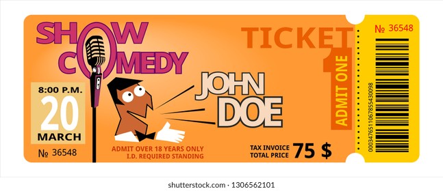 ticket, comedy, show, fun  concert invitation, show, coupon, pass admission entry entrance. microphone performance comedian.