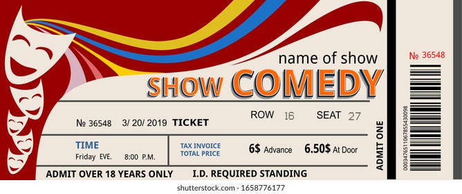 Espectáculo de comedia de boletos, cupón del programa de invitación al concierto divertido, comediante de ingreso de pases 