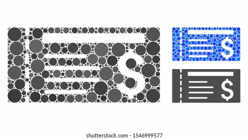 Ticket composition of circle elements in variable sizes and color tones, based on ticket icon. Vector round elements are combined into blue collage. Dotted ticket icon in usual and blue versions.