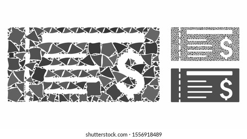 Ticket composition of joggly parts in different sizes and shades, based on ticket icon. Vector uneven parts are composed into collage. Ticket icons collage with dotted pattern.