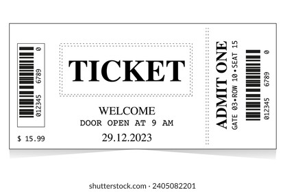 Ticket Illustration ticket concept, with black and white elements, admit one coupon mention, code and text elements for arts festival and events.